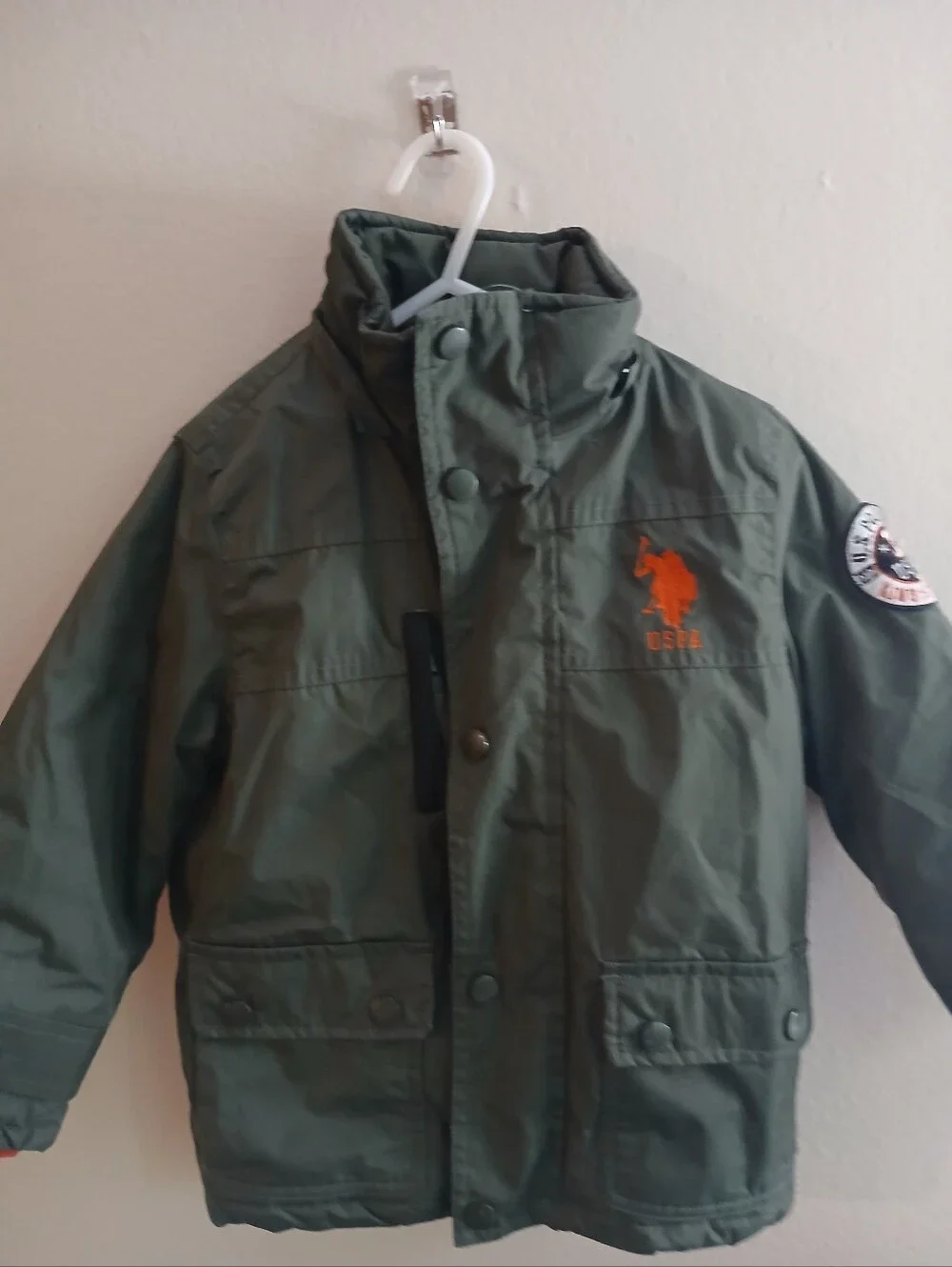 U.S. Polo Assn. Olive Green Puffer Jacket with Orange Accents